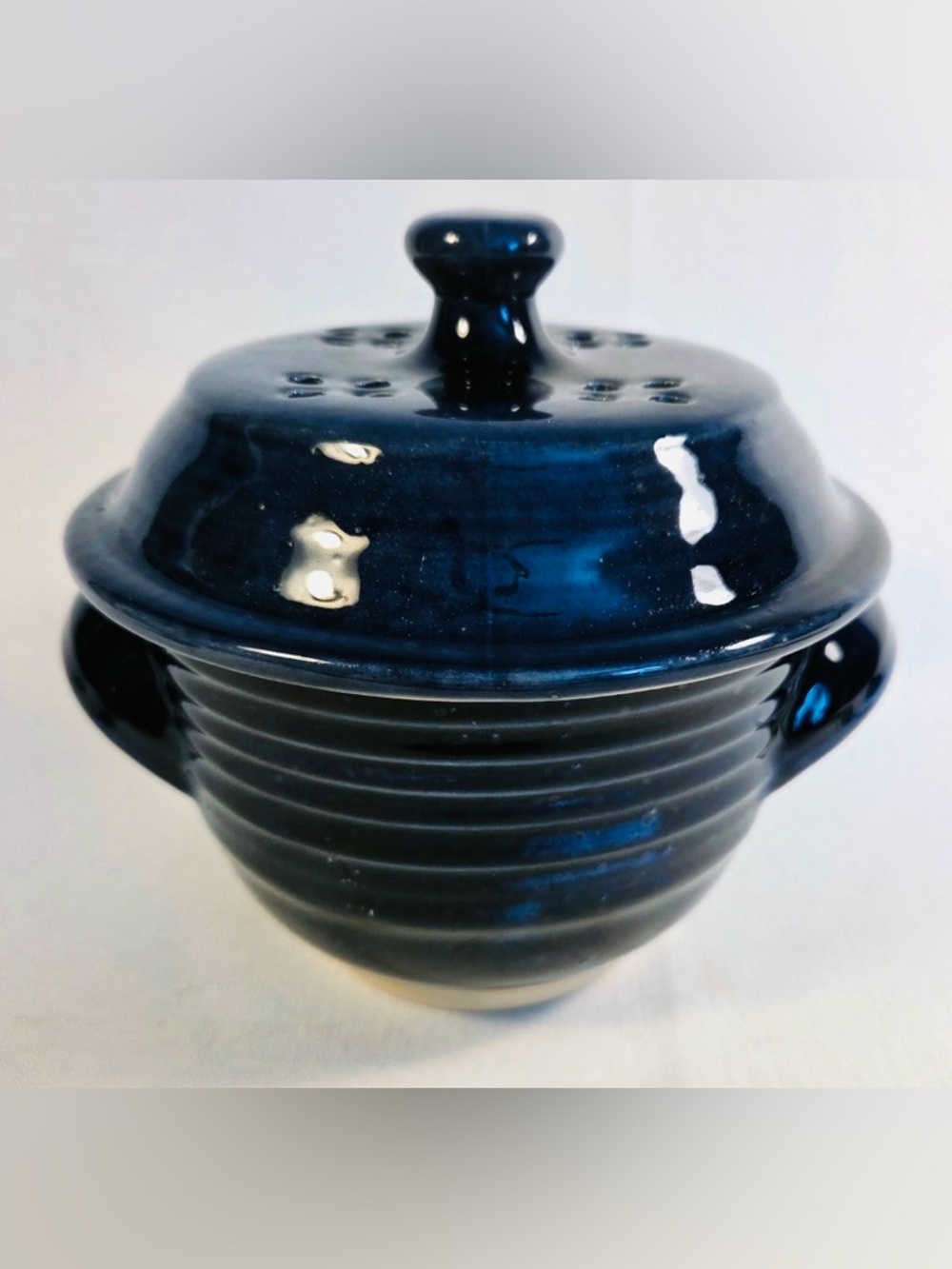 Stoneware Navy Blue Ceramic Lidded Steamer Bowl, Microwavable Veggie Portugal